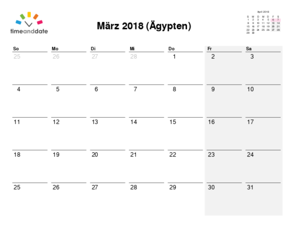 Kalender für 2018 in Ägypten