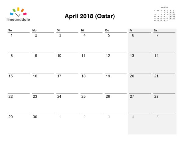 Kalender für 2018 in Qatar