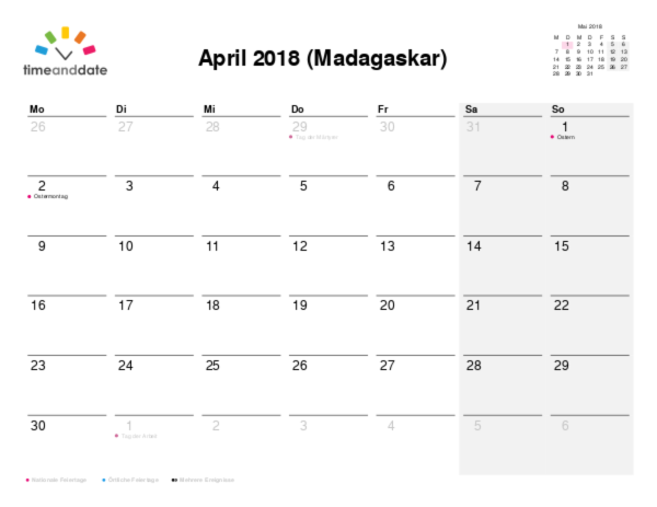 Kalender für 2018 in Madagaskar