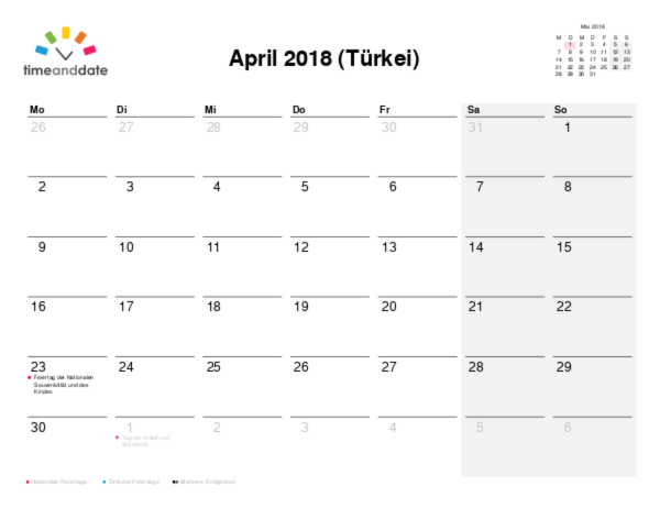 Kalender für 2018 in Türkei