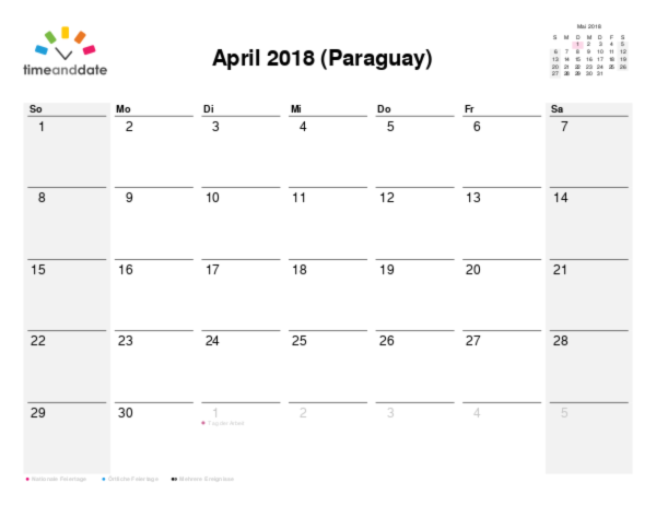 Kalender für 2018 in Paraguay