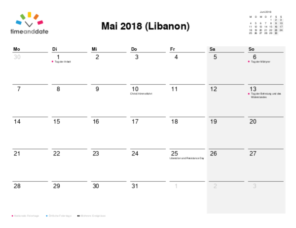 Kalender für 2018 in Libanon
