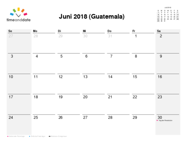 Kalender für 2018 in Guatemala