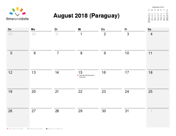 Kalender für 2018 in Paraguay