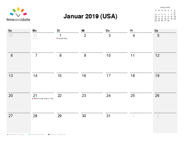 Kalender für 2019 in USA