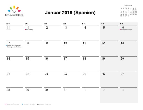 Kalender für 2019 in Spanien