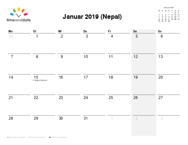 Kalender für 2019 in Nepal