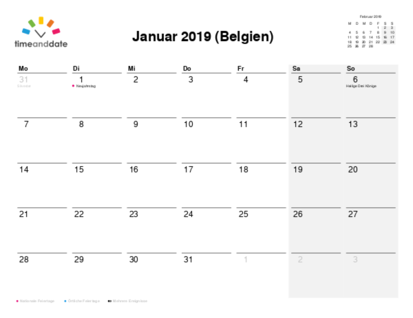Kalender für 2019 in Belgien
