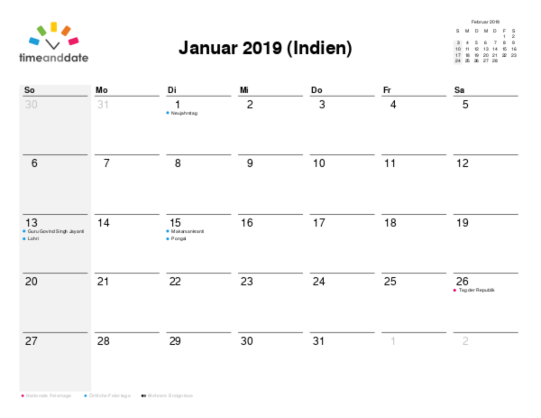 Kalender für 2019 in Indien