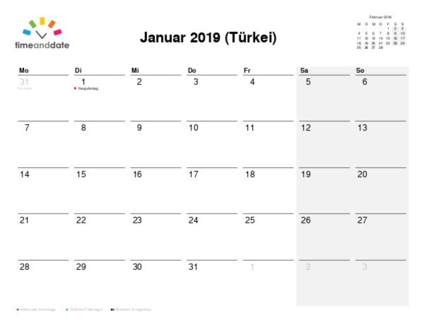 Kalender für 2019 in Türkei