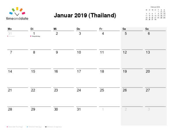 Kalender für 2019 in Thailand