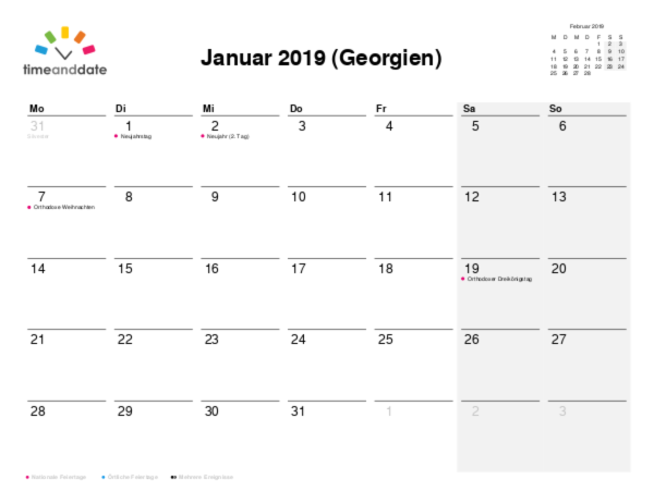 Kalender für 2019 in Georgien
