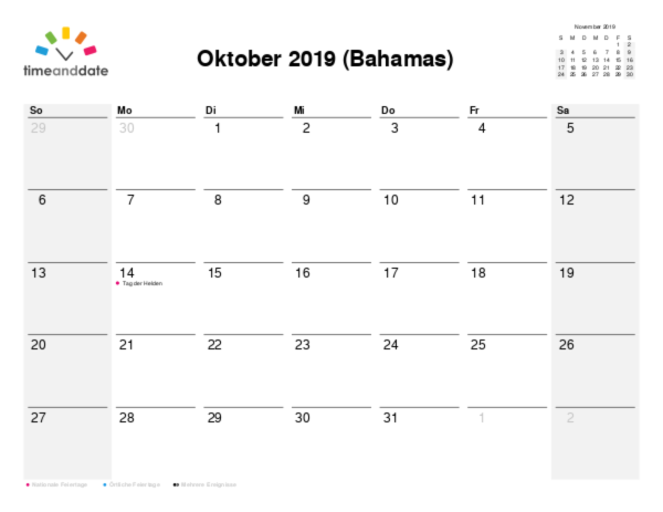 Kalender für 2019 in Bahamas
