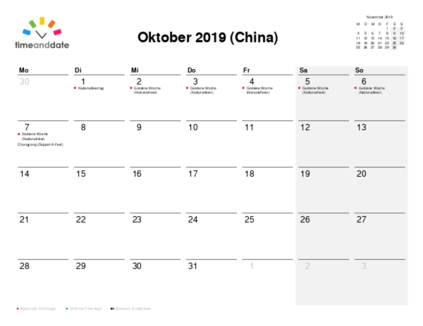 Kalender für 2019 in China