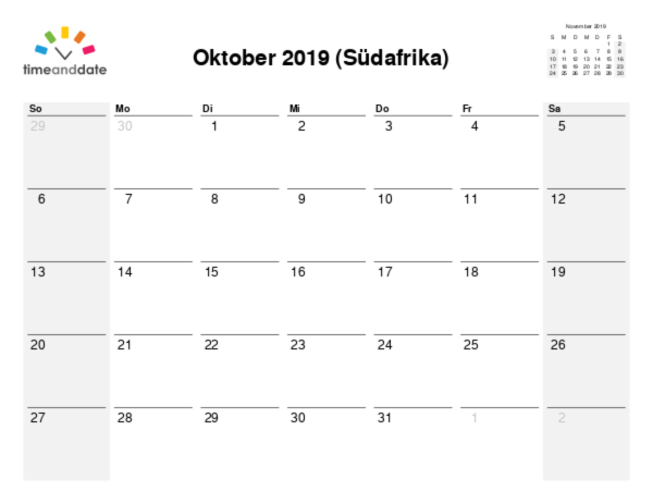Kalender für 2019 in Südafrika