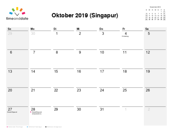Kalender für 2019 in Singapur