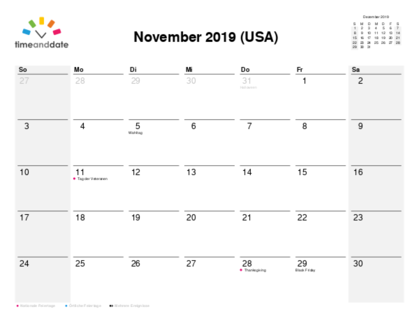 Kalender für 2019 in USA