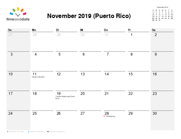 Kalender für 2019 in Puerto Rico