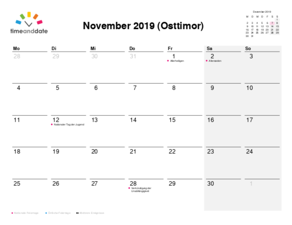 Kalender für 2019 in Osttimor