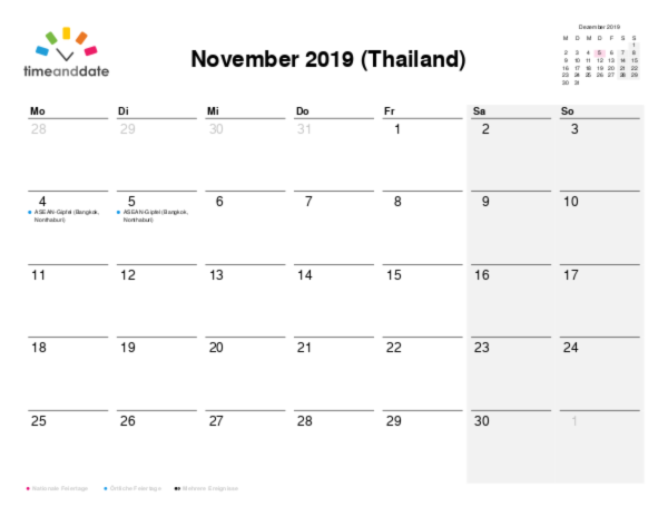 Kalender für 2019 in Thailand