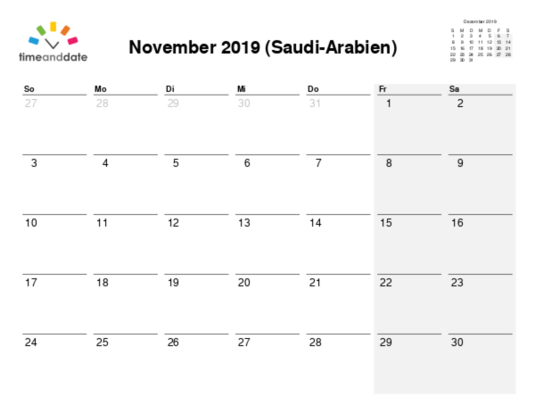Kalender für 2019 in Saudi-Arabien