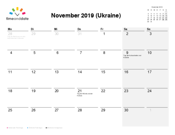 Kalender für 2019 in Ukraine