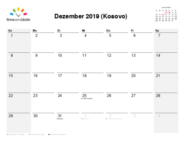 Kalender für 2019 in Kosovo