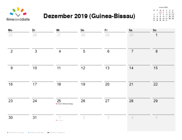 Kalender für 2019 in Guinea-Bissau