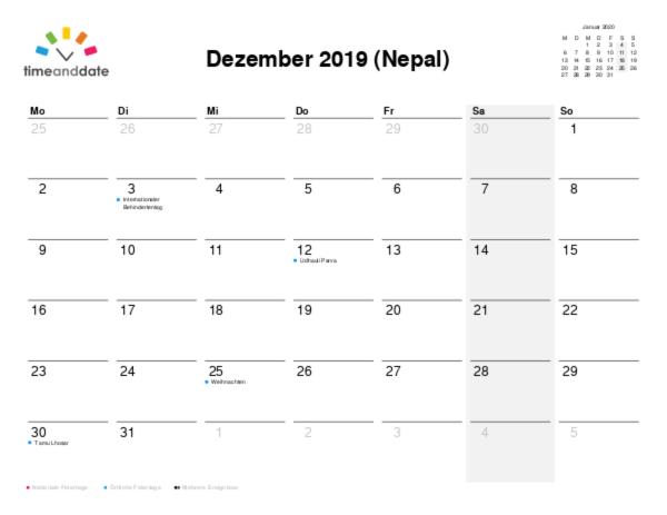 Kalender für 2019 in Nepal