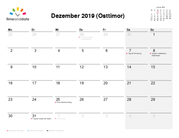 Kalender für 2019 in Osttimor