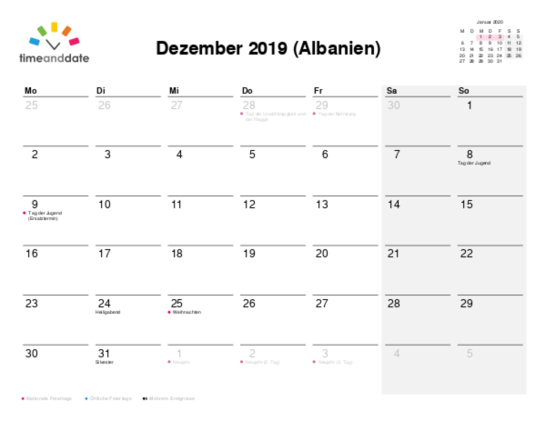 Kalender für 2019 in Albanien