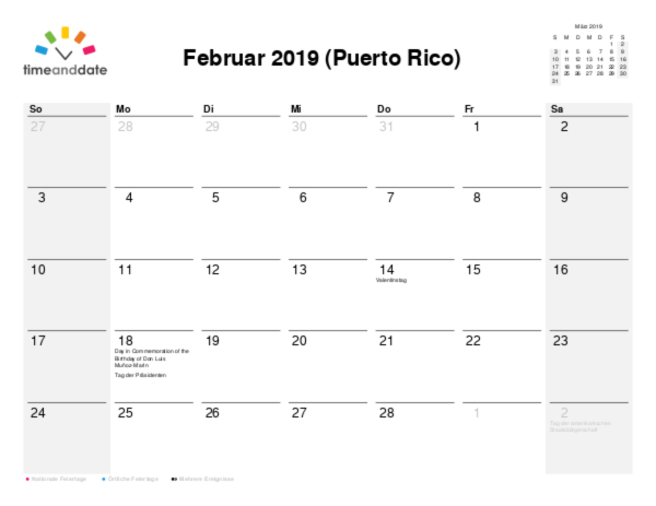 Kalender für 2019 in Puerto Rico