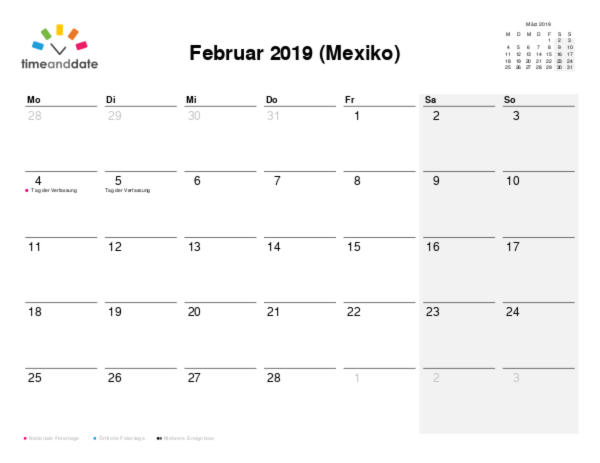 Kalender für 2019 in Mexiko
