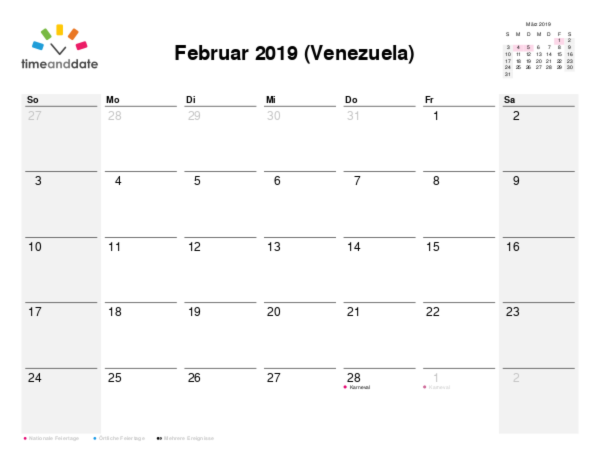Kalender für 2019 in Venezuela