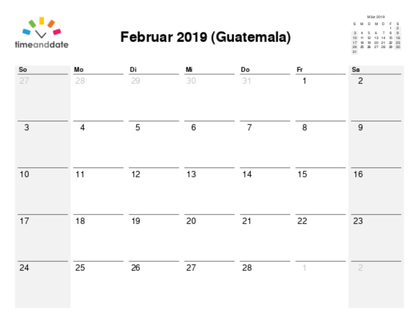 Kalender für 2019 in Guatemala