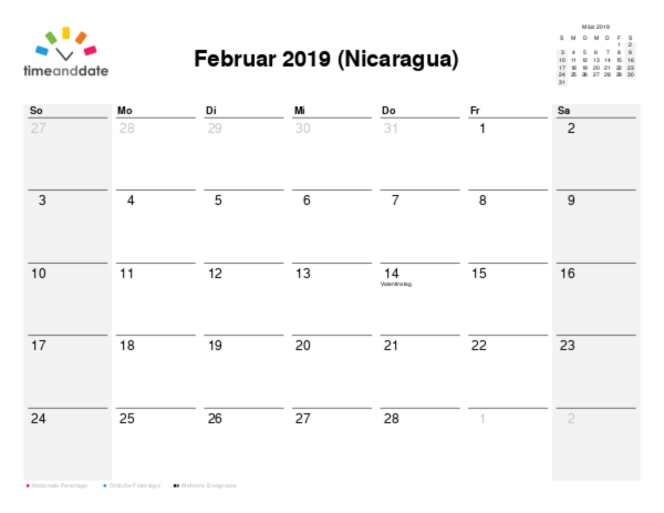 Kalender für 2019 in Nicaragua