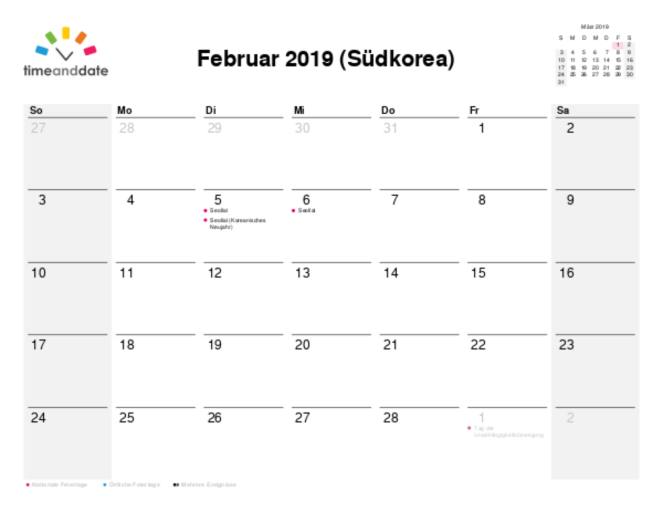 Kalender für 2019 in Südkorea