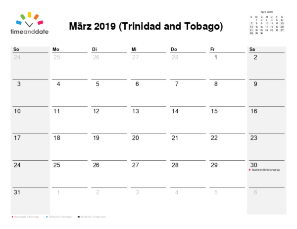Kalender für 2019 in Trinidad and Tobago