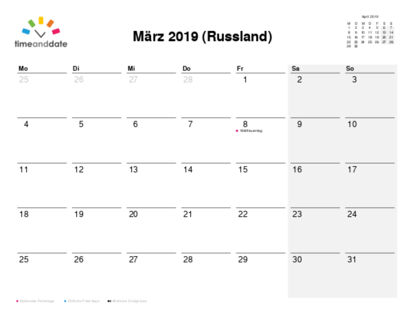 Kalender für 2019 in Russland