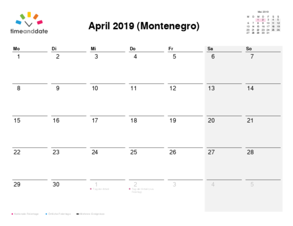 Kalender für 2019 in Montenegro