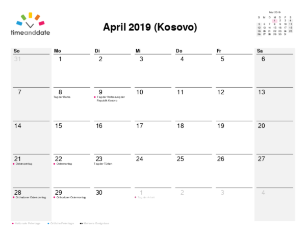 Kalender für 2019 in Kosovo