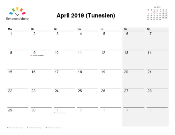 Kalender für 2019 in Tunesien