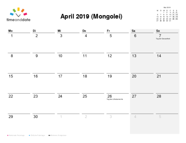 Kalender für 2019 in Mongolei