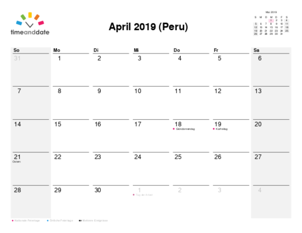 Kalender für 2019 in Peru