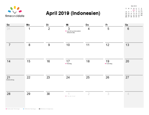 Kalender für 2019 in Indonesien