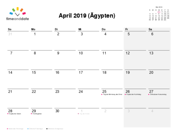 Kalender für 2019 in Ägypten