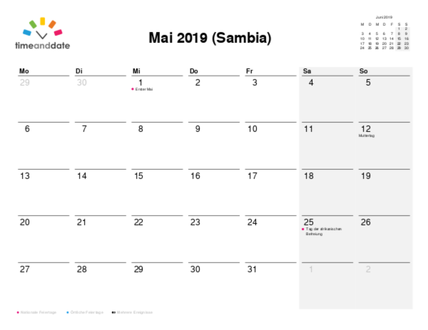 Kalender für 2019 in Sambia
