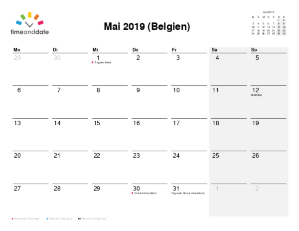 Kalender für 2019 in Belgien