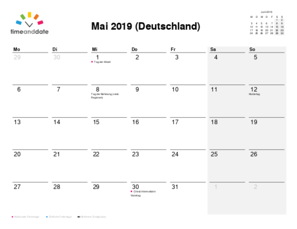 Kalender für 2019 in Deutschland