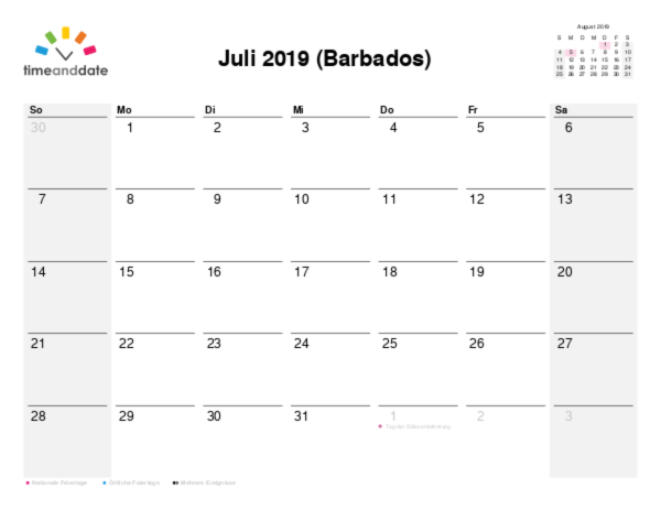 Kalender für 2019 in Barbados